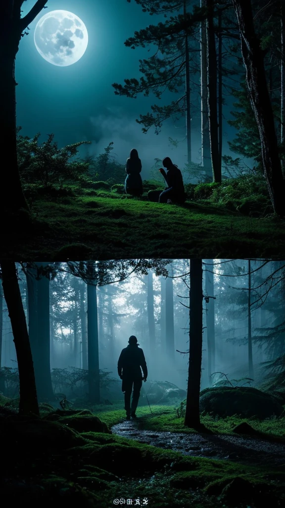 bottom: A night landscape, dark and mysterious, with the full moon in the sky, shining brightly and bathing everything in a silvery glow. The moon is large and prominent, occupying the top center of the cover.

forest: Tall, leafy trees in dark silhouettes, surrounding the landscape. The branches are slightly twisted and covered in fog, creating a disturbing and suspenseful atmosphere.

Figure of the protagonist: Axel Blackwood, a man with a strong build and intense gaze. It is in the center of the image, with an expression of determination and alert. Wear dark, practical clothing, suitable for the forest. His transformation into a werewolf is subtly suggested.: perhaps with glowing eyes and barely visible fangs, or with a shadow showing a lupine figure.

stone altar: aside, maybe in the background but still visible, an ancient stone altar covered in moss and vines, with ancient statues around. This is the sanctuary mentioned in the story.

Additional details:

A faint, dark glow emanating from the depths of the forest, suggesting the presence of the “Heart of the Night”.
A few bright eyes hidden in the shadows of the trees, suggesting creatures watching from the darkness.
Low, ethereal mists covering the forest floor.
typography: title "Full Moon Shadows" in large, stylized letters, with a silver glitter effect. 