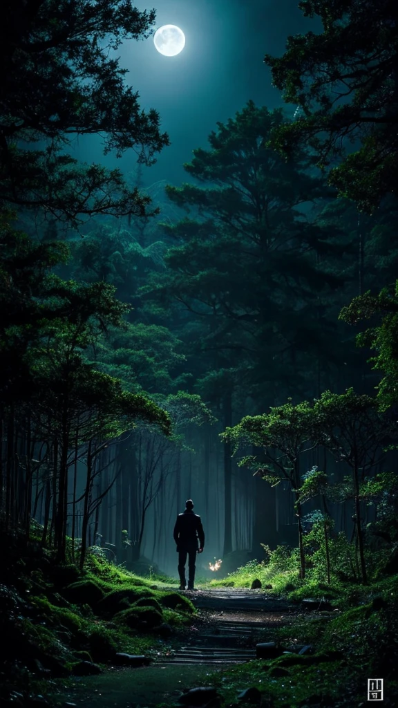 bottom: A night landscape, dark and mysterious, with the full moon in the sky, shining brightly and bathing everything in a silvery glow. The moon is large and prominent, occupying the top center of the cover.

forest: Tall, leafy trees in dark silhouettes, surrounding the landscape. The branches are slightly twisted and covered in fog, creating a disturbing and suspenseful atmosphere.

Figure of the protagonist: Axel Blackwood, a man with a strong build and intense gaze. It is in the center of the image, with an expression of determination and alert. Wear dark, practical clothing, suitable for the forest. His transformation into a werewolf is subtly suggested.: perhaps with glowing eyes and barely visible fangs, or with a shadow showing a lupine figure.

stone altar: aside, maybe in the background but still visible, an ancient stone altar covered in moss and vines, with ancient statues around. This is the sanctuary mentioned in the story.

Additional details:

A faint, dark glow emanating from the depths of the forest, suggesting the presence of the “Heart of the Night”.
A few bright eyes hidden in the shadows of the trees, suggesting creatures watching from the darkness.
Low, ethereal mists covering the forest floor.
typography: title "Full Moon Shadows" in large, stylized letters, with a silver glitter effect. 