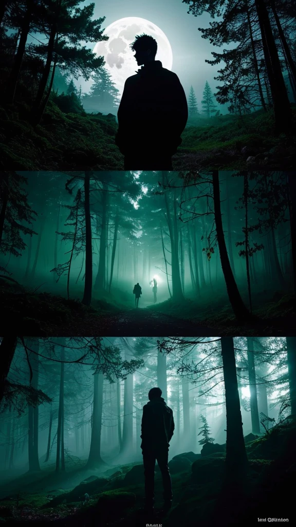 bottom: A night landscape, dark and mysterious, with the full moon in the sky, shining brightly and bathing everything in a silvery glow. The moon is large and prominent, occupying the top center of the cover.
forest: Tall, leafy trees in dark silhouettes, surrounding the landscape. The branches are slightly twisted and covered in fog, creating a disturbing and suspenseful atmosphere.
Figure of the protagonist: Axel Blackwood, a man with a strong build and intense gaze. It is in the center of the image, with an expression of determination and alert. Wear dark, practical clothing, suitable for the forest. His transformation into a werewolf is subtly suggested.: perhaps with glowing eyes and barely visible fangs, or with a shadow showing a lupine figure.
stone altar: aside, maybe in the background but still visible, an ancient stone altar covered in moss and vines, with ancient statues around. This is the sanctuary mentioned in the story.
Additional details:
A faint, dark glow emanating from the depths of the forest, suggesting the presence of the “Heart of the Night”.
A few bright eyes hidden in the shadows of the trees, suggesting creatures watching from the darkness.
Low, ethereal mists covering the forest floor.
typography: title "Full Moon Shadows" in large, stylized letters, with a silver glitter effect.