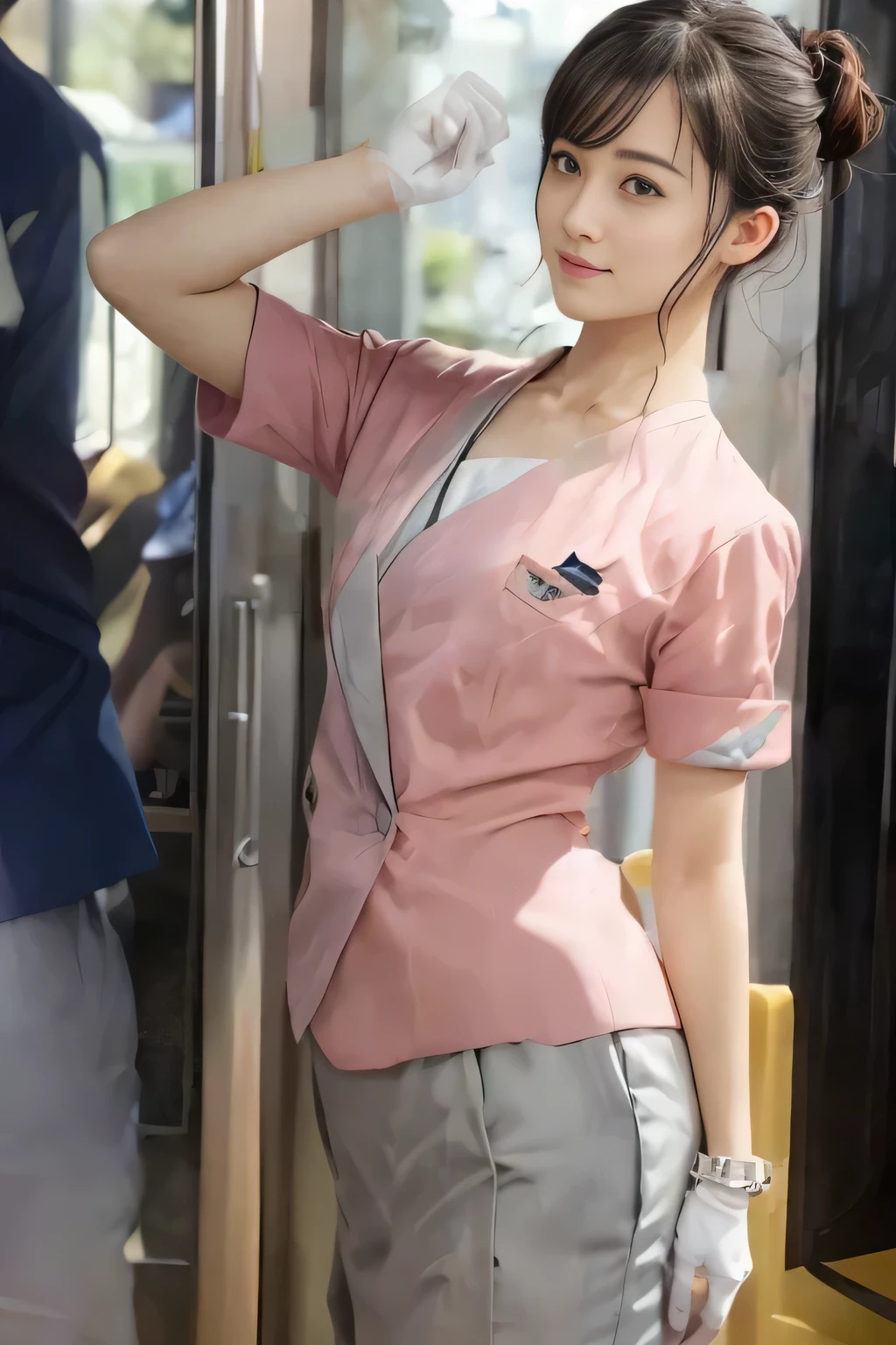 (masterpiece:1.2, Highest quality:1.2), 32k HDR, High resolution, (alone、1 girl)、 (Height: 160cm)、（On the rooftop of a building in the daytime、Professional Lighting）、Building rooftop background、（Nankai train crew uniform pinkを着たリアルスタイル）、（Nankai train crew uniform pink short sleeve collarless pink jacket、Nankai Train Crew Uniform Pink Collarless Short Sleeve Blouse、Nankai Train Crew Uniform Pink Grey Knee-length Culottes）、（The pink jacket is showing from the culottes.）、Dark brown hair、（Hair tied up、Hair tied up、Evening curly hairstyle）、Dark brown hair、Long Shot、Big Breasts、Thin legs、（（Great hands：2.0）），（（Harmonious body proportions：1.5）），（（Normal limbs：2.0）），（（Normal finger：2.0）），（（Delicate eyes：2.0）），（（Normal eyes：2.0））)、smile、（Nankai Train Crew Uniform Pink Grey Knee-length Culottesを見せた美しい歩く姿）、Place your hands around your stomach、Lanyard employee ID card