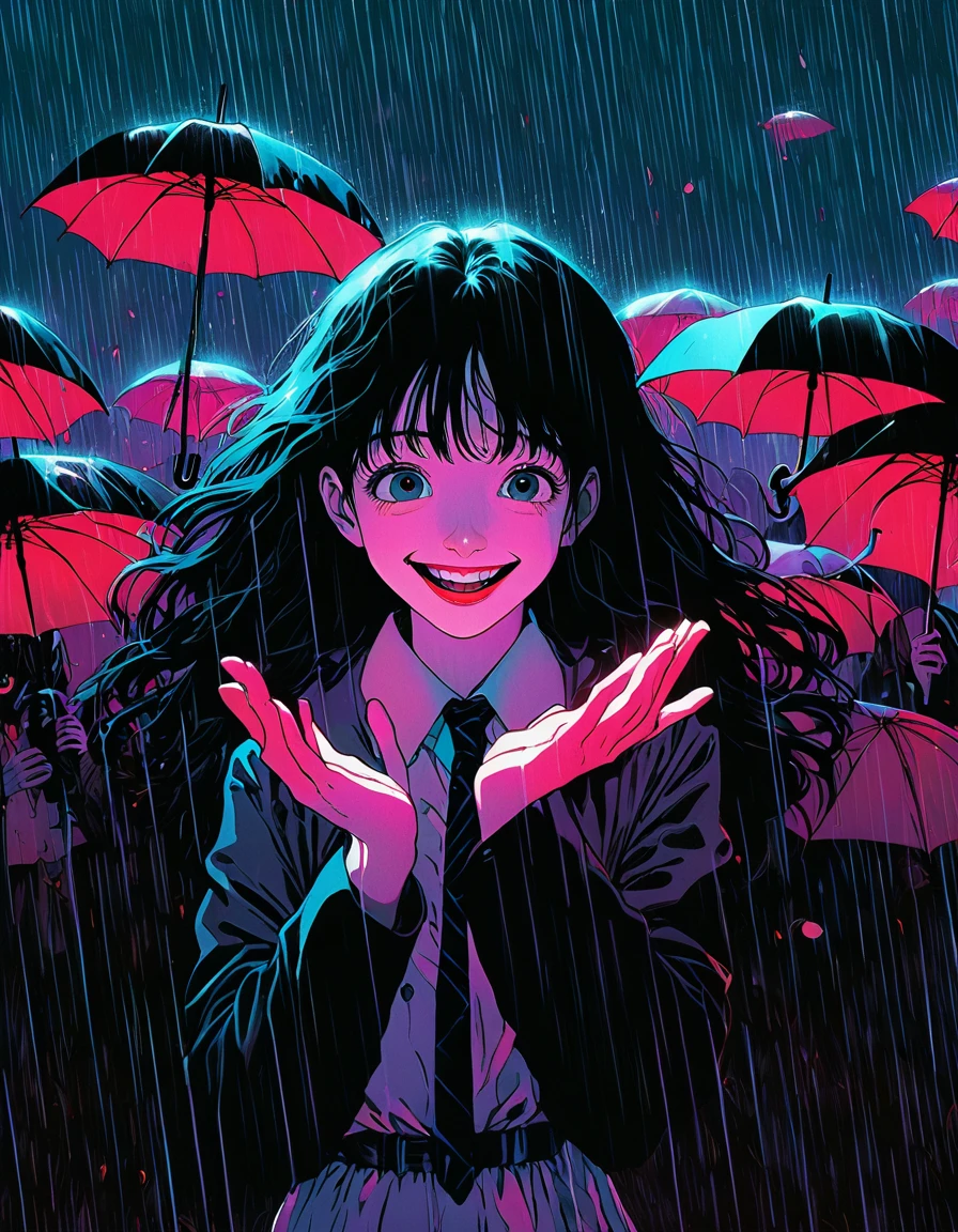 illust、art、from 80s horror movie, directed by Junji Ito、Rain of blood、tons of corpses、Smiling Girl、nightmare、anxiety、high detail, realsitic shadow、Analog style, vhs style, 8mm film, chromatic aberration, Dvd screengrab、Surrealism、There are flies swarming、A pose of joy with hands outstretched、Dancing with an umbrella