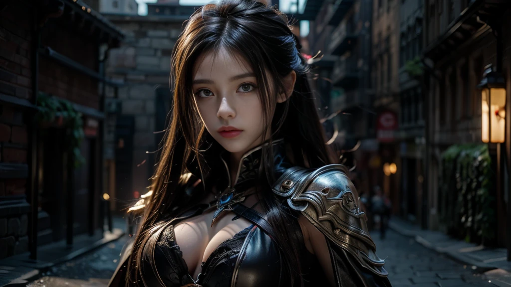 Female Mage Close-up, Girl in robe, 2. 5D CGI anime fantasy artwork, Large Breasts,Epic fantasy digital art style, detailed Digital 2D fantasy art, Digital 2D fantasy art, Gorgeous female mage,Looking at the camera,(glowing magic:1.7) Role Playing Game Character Art, Beautiful female mage, Fantasy Character Art, Epic and beautiful character art, Beautiful female mage,(Edinburgh Street:1.8),light rain,Medium and long range lenses,Looking at the camera