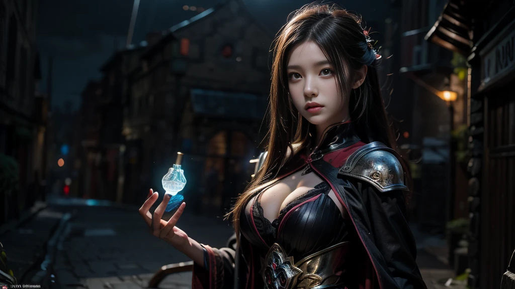 Female Mage Close-up, Girl in robe, 2. 5D CGI anime fantasy artwork, Large Breasts,Epic fantasy digital art style, detailed Digital 2D fantasy art, Digital 2D fantasy art, Gorgeous female mage,Looking at the camera,(glowing magic:1.7) Role Playing Game Character Art, Beautiful female mage, Fantasy Character Art, Epic and beautiful character art, Beautiful female mage,(Edinburgh Street:1.8),light rain,Medium and long range lenses,Looking at the camera