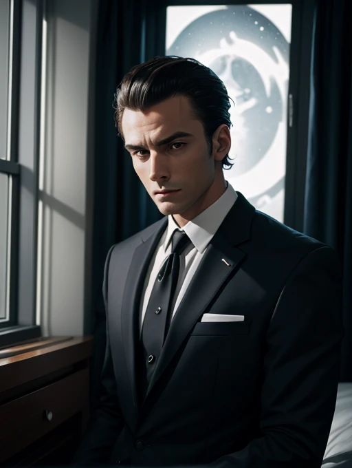 30 years old man, hair combed up, suit and tie, expression neutra, dark bedroom, moonlight coming through the window