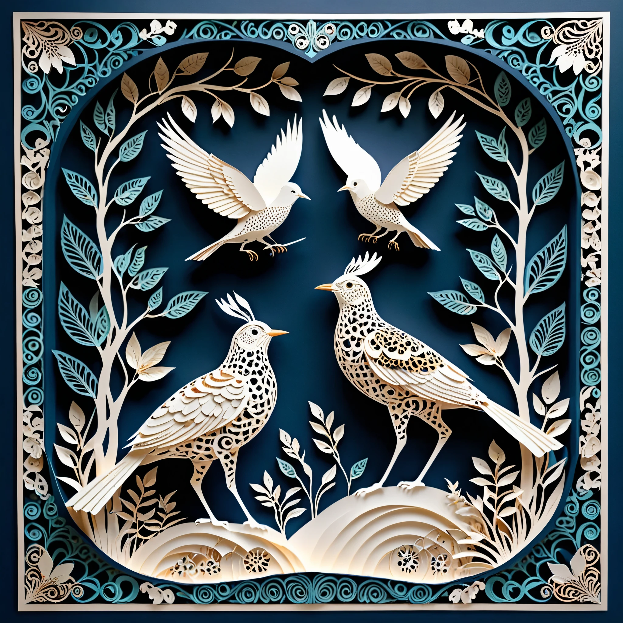 Create a detailed paper cutout artwork depicting a scene that combines intricate patterns with various creatures. The scene should include a harmonious blend of elaborate, decorative patterns interwoven with animals such as birds, fish, butterflies, and other creatures. The patterns should complement the forms and movements of the animals, creating a seamless integration between the natural and the abstract. The artwork should evoke a sense of wonder and intricacy, highlighting the beauty and complexity of both the patterns and the creatures. The overall mood should be artistic and enchanting, capturing the elegance of nature through detailed design