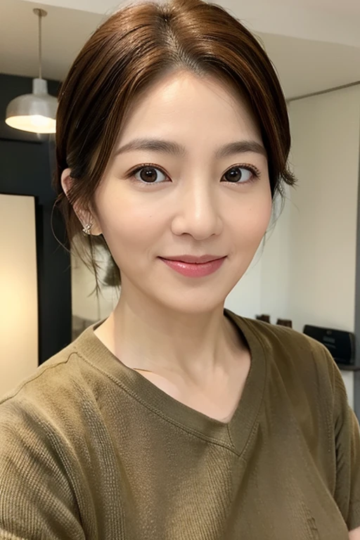High resolution, High resolution, Attention to detail, masterpiece, Rough skin, Anatomically correct, sharp,
Home bedroom background、((Tabletop))、((Close-up of face))、((Near Movies))、
((Japanese Mature, 50 years old)), alone, ((Facial wrinkles)), Shapely large breasts, Light brown short bob、 Chubby body type,
Beige knitwear, A gentle smile、A captivating gaze、A gaze that seduces viewers、