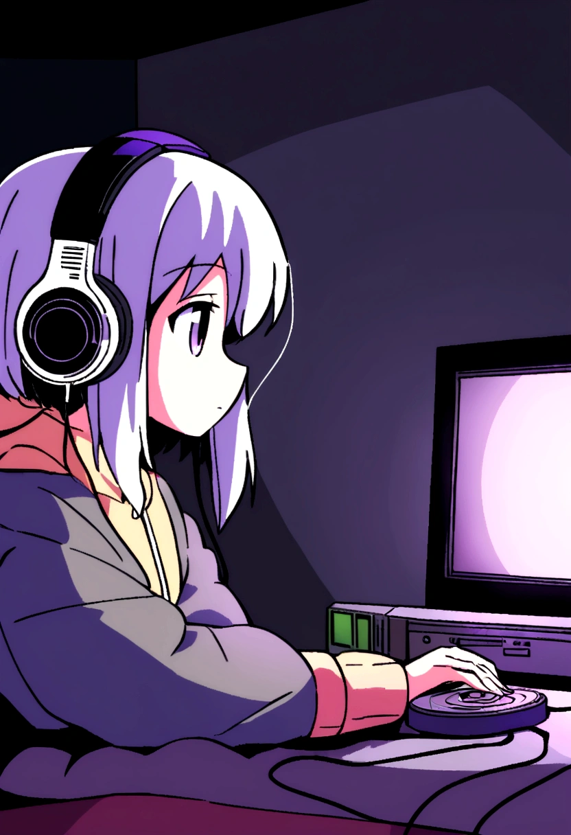 Girl listening to music in cozy room at night, Use headphones, 2D style anime, lo fi, hard disk, dark environment,A cute girl is in her room, not turning on the lights, with her large breasts resting on the desk while she fiddles with her computer.