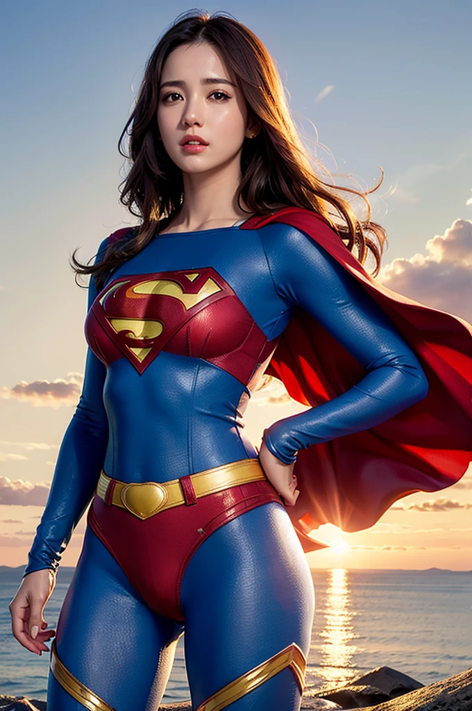 Realistic, High resolution, Soft Light,1 Female, alone, Hip Up, (Detailed face), jewelry, Superman's Clothes, Bodysuits, Cape