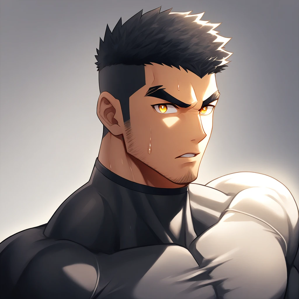 anime characters：Gyee,  Deep black skin, Muscle Sports Student, 1 muscular tough guy, Manliness, male focus, Close-up of the side, Light yellow 高领的high collar long sleeve tight T-shirt, Very tight, The clothes were soaked with sweat, The pectoral muscles are oversized, Slightly transparent, muscular male, muscular, only, Upper body, alone, Black short hair, Thick eyebrows, stubble, Yellow eyes, Grey background, simple background, amazing quality, best aesthetics, Ridiculous, bright pupils, crew cut, parted lips, v-shaped eyebrows, jitome, disdain, drop shadow, best quality