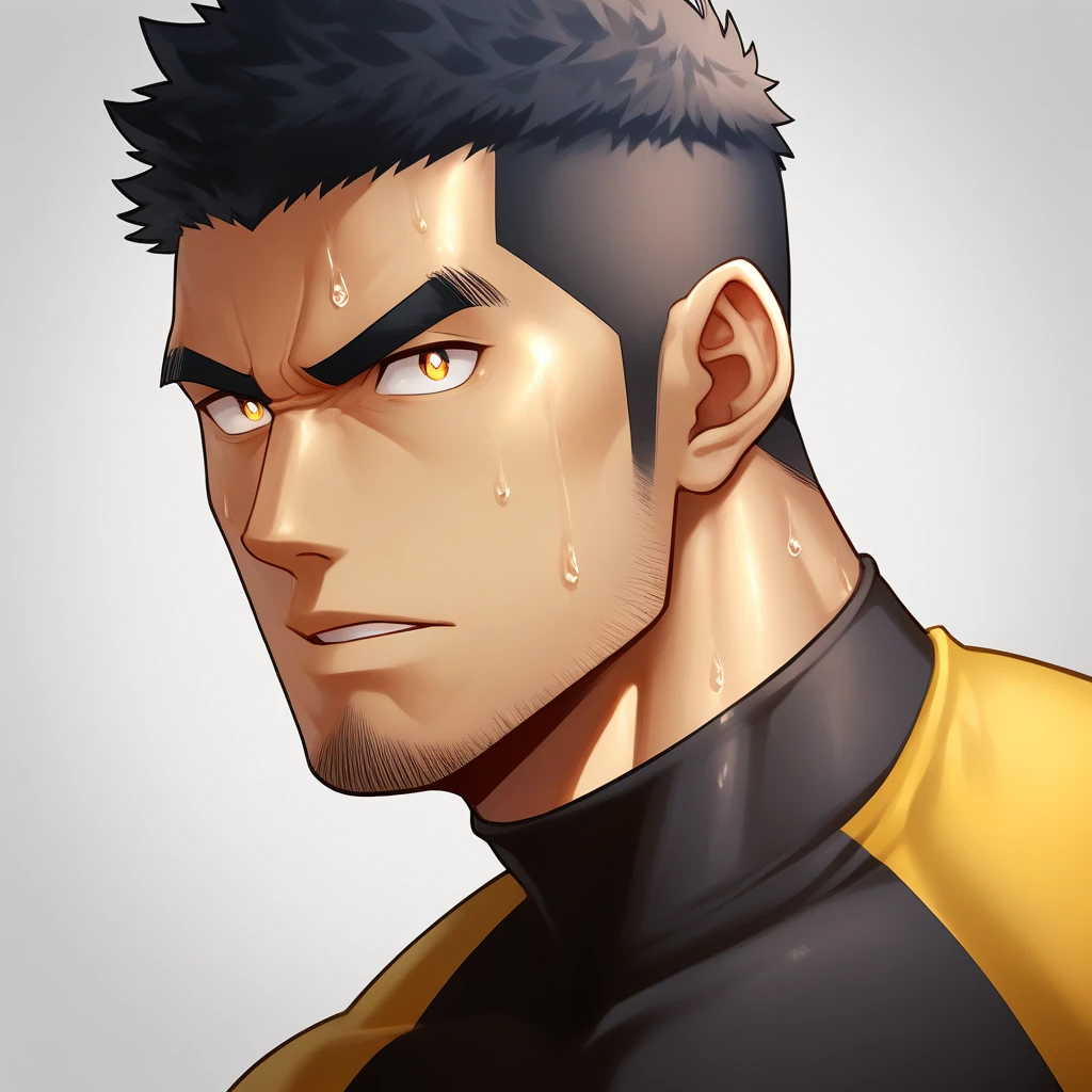 anime characters：Gyee,  Deep black skin, Muscle Sports Student, 1 muscular tough guy, Manliness, male focus, Close-up of the side, Light yellow 高领的high collar long sleeve tight T-shirt, Very tight, The clothes were soaked with sweat, The pectoral muscles are oversized, Slightly transparent, muscular male, muscular, only, Upper body, alone, Black short hair, Thick eyebrows, stubble, Yellow eyes, Grey background, simple background, amazing quality, best aesthetics, Ridiculous, bright pupils, crew cut, parted lips, v-shaped eyebrows, jitome, disdain, drop shadow, best quality