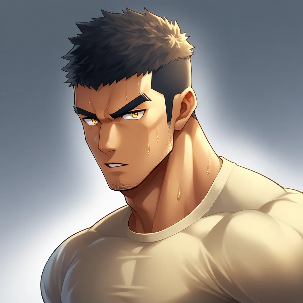 anime characters：Gyee,  Deep black skin, Muscle Sports Student, 1 muscular tough guy, Manliness, male focus, Close-up of the side, Light yellow 高领的high collar long sleeve tight T-shirt, Very tight, The clothes were soaked with sweat, The pectoral muscles are oversized, Slightly transparent, muscular male, muscular, only, Upper body, alone, Black short hair, Thick eyebrows, stubble, Yellow eyes, Grey background, simple background, amazing quality, best aesthetics, Ridiculous, bright pupils, crew cut, parted lips, v-shaped eyebrows, jitome, disdain, drop shadow, best quality