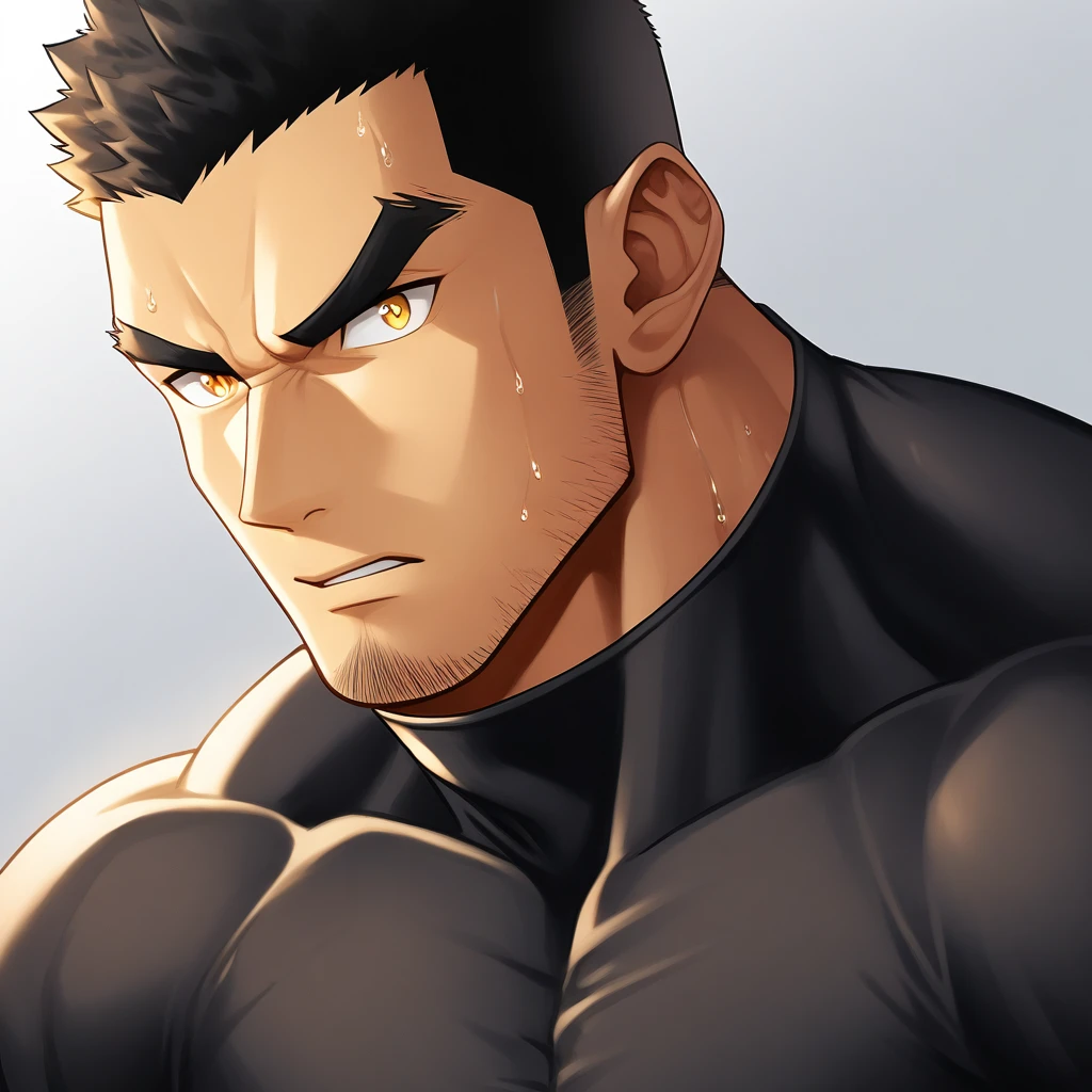 anime characters：Gyee,  Deep black skin, Muscle Sports Student, 1 muscular tough guy, Manliness, male focus, Close-up of the side, Light yellow 高领的high collar long sleeve tight T-shirt, Very tight, The clothes were soaked with sweat, The pectoral muscles are oversized, Slightly transparent, muscular male, muscular, only, Upper body, alone, Black short hair, Thick eyebrows, stubble, Yellow eyes, Grey background, simple background, amazing quality, best aesthetics, Ridiculous, bright pupils, crew cut, parted lips, v-shaped eyebrows, jitome, disdain, drop shadow, best quality