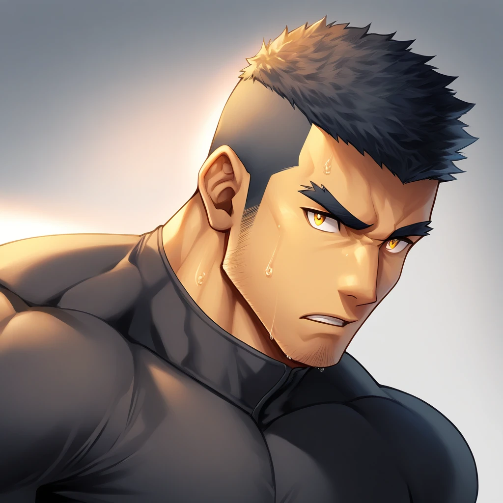 anime characters：Gyee,  Deep black skin, Muscle Sports Student, 1 muscular tough guy, Manliness, male focus, Close-up of the side, Light yellow 高领的high collar long sleeve tight T-shirt, Very tight, The clothes were soaked with sweat, The pectoral muscles are oversized, Slightly transparent, muscular male, muscular, only, Upper body, alone, Black short hair, Thick eyebrows, stubble, Yellow eyes, Grey background, simple background, amazing quality, best aesthetics, Ridiculous, bright pupils, crew cut, parted lips, v-shaped eyebrows, jitome, disdain, drop shadow, best quality
