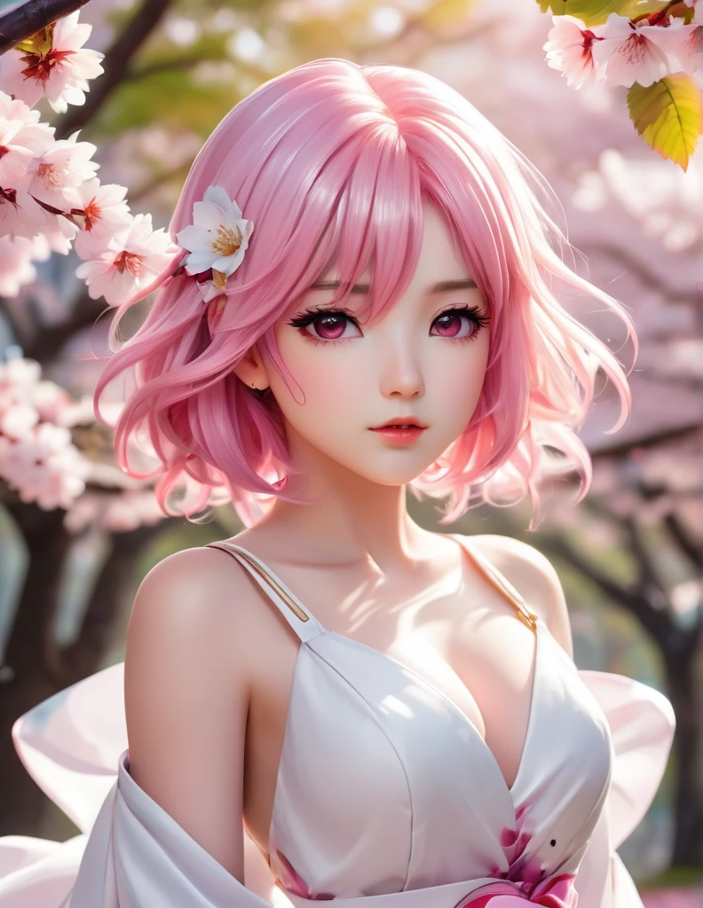 quality(8k wallpaper of extremely detailed CG unit, ​masterpiece, hight resolution, top-quality, top-quality real texture skin,hyper realisitic, digitial painting,increase the resolution,RAW photos，best qualtiy,highly detailed,the wallpaper),BREAK,8K, half face,  Light pink hair, pink eyes, pink and white, sakura leafs, vivid colors, white dress, paint splash, simple background, ray tracing, wavy hair, Chibi 