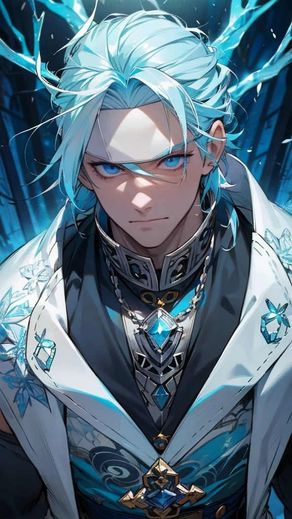 naughty man;
brawny;
ice prince;
Wear a white blindfold over your left eye;
There's a white stick in your hand;
White hair with blue;
blue eye;
Wear sleeveless clothing;
Cabelos longos