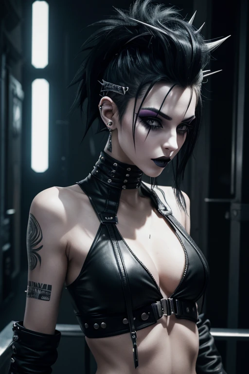 thin and athletic Italian woman in her early twenties, pale skin, goth, cyberpunk theme, black lipstick, makeup, punk hair, tall spiked hair