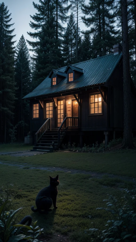 Black cat around a house in the forest at night