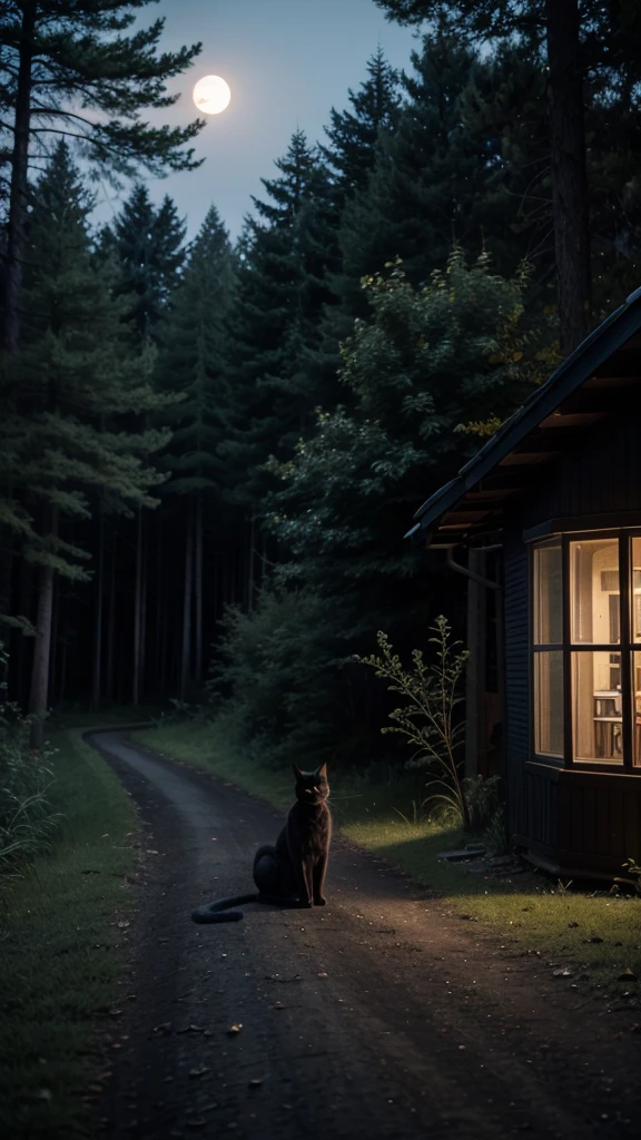 Black cat around a house in the forest at night