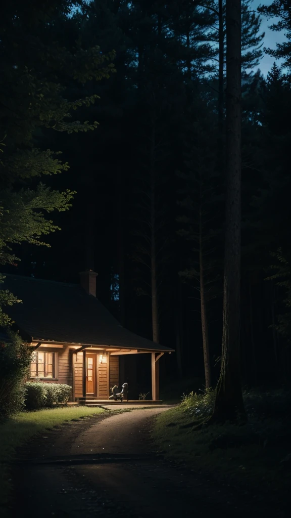 Black cat around a house in the forest at night
