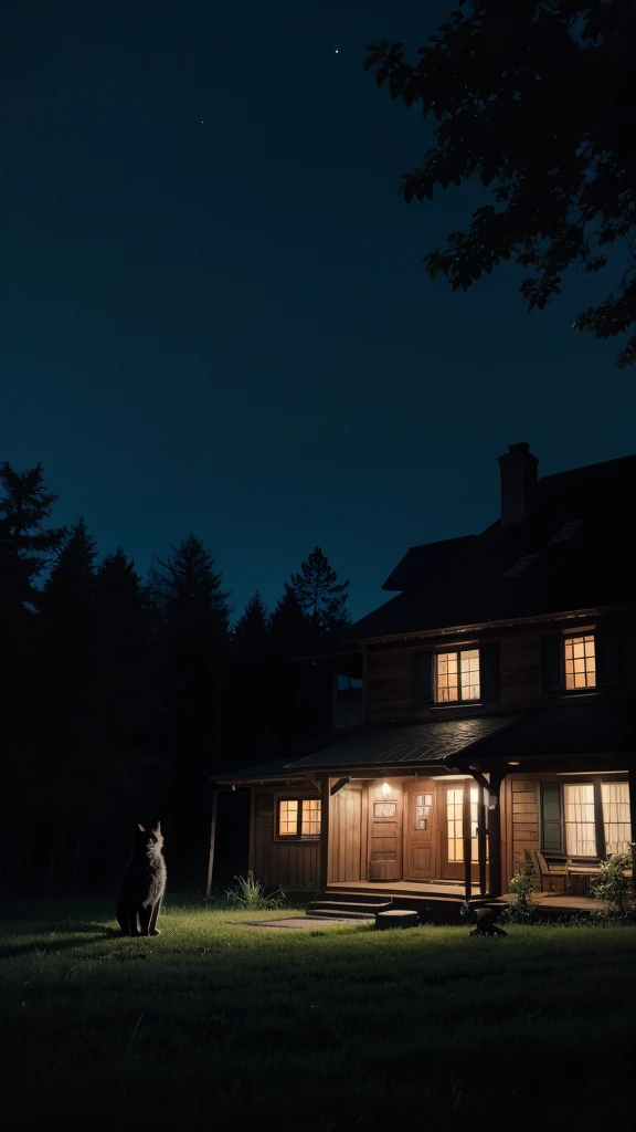 Black cat around a house in the forest at night