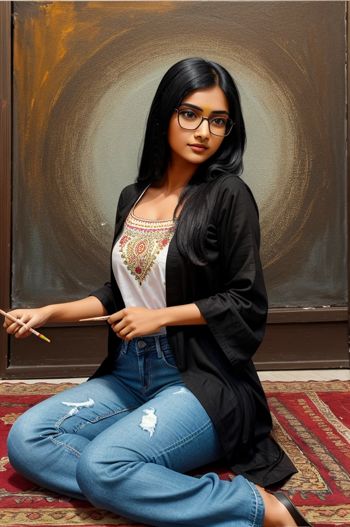 Illustration of a cute indian girl with long black hair, wearing glasses and painting on a canvas. She is wearing an indian kurta and jeans