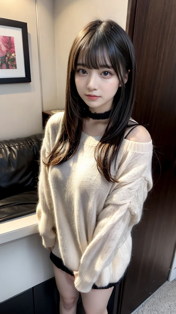 highest quality、8k、32k、masterpiece、Hmph:1.2)、One Girl、Girl with long hair、Beautiful Japanese Woman、Black-haired、Heavy bangs、Long sleeve shirt、Hair length、A fluffy white sweater、Don't expose it、D Cup,choker、plump breasts, large breasts, Bright red eyeliner、full body