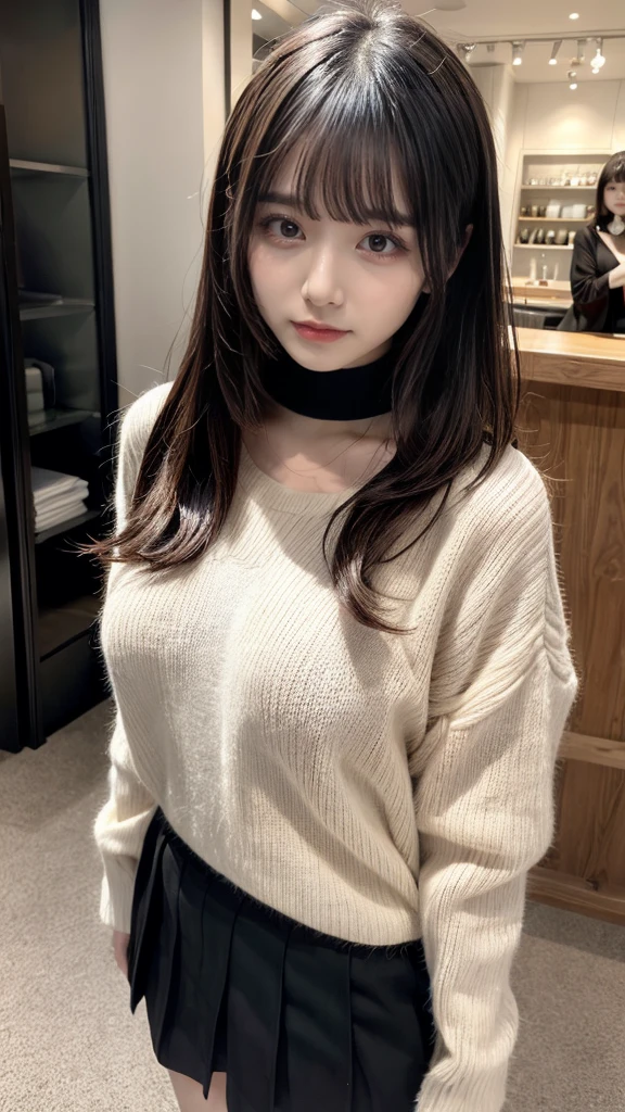 highest quality、8k、32k、masterpiece、Hmph:1.2)、One Girl、Girl with long hair、Beautiful Japanese Woman、Black-haired、Heavy bangs、Long sleeve shirt、Hair length、A fluffy white sweater、Don't expose it、D Cup,choker、plump breasts, large breasts, Bright red eyeliner、full body