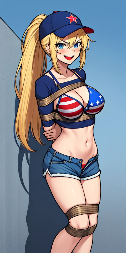 (absurdres, 8k, 4k, masterpiece, hyper extreme detailed:1.2), solo, 1girl, side view, perfect face, 1girl, portrait, looking at viewer, solo, standing, Female, toned body, mature female, large breasts, america, american, friendly, hero, heroic, kind, brave, american flag, patriot, patriotic, blonde, messy hair, long hair, blue eyes, smile, jean shorts, ponytail, wide eyes, baseball cap, perfect anatomy, messy hair, hair covering forehead, swept bangs, 1girl, solo, Blue sky, red, white. blue, shorts, messy hair, perfect anatomy, blonde hair, wide smile, happy shorts, american bikini, america bikini messy hair, bound, bondage, (arms behind back:1.4), bdsm, shorts, t-shirt, messy hair, short, large bust, angry, large breasts, big breasts, forward view, shibari, bondage, bdsm, rope, half body,