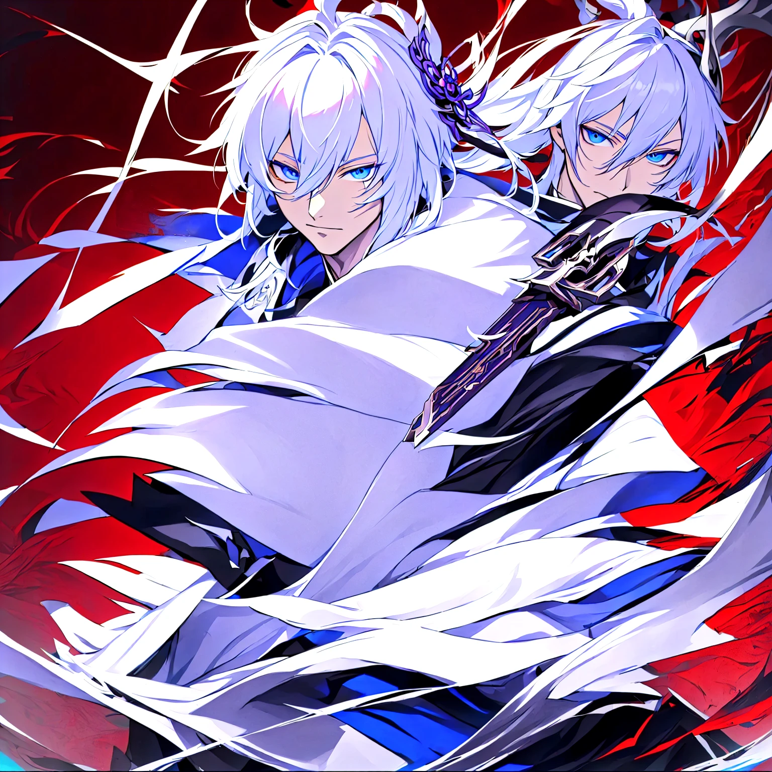 Anime character with white hair and blue eyes holding a sword, the former demon king, Beautiful male god of death, genshin impact zhongli, genshin impact character, male demon, Retrato onmyoji, anime key art, Evil and devious male, detailed anime key art, héroe 2 d fanart artstation, dark purple hair, White clothes, white armor