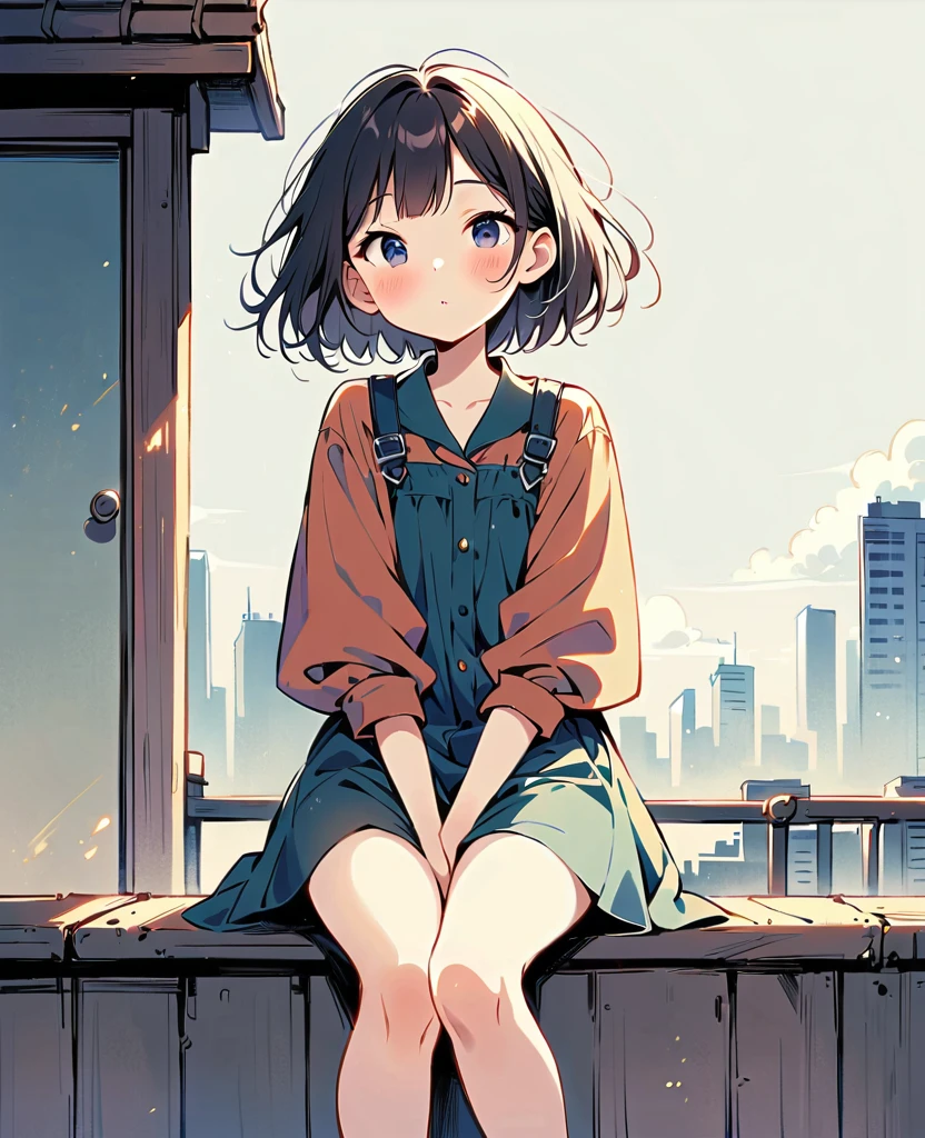 (Person Standing on the Rooftop:1.3)，Girl on the rooftop，Simple lineinimalism，Abstract Art，City background, urge to pee, covering crotch with two hands, knees together, feet apart (girl is peeing self:0.395), long sleeves, full-body view, black glasses