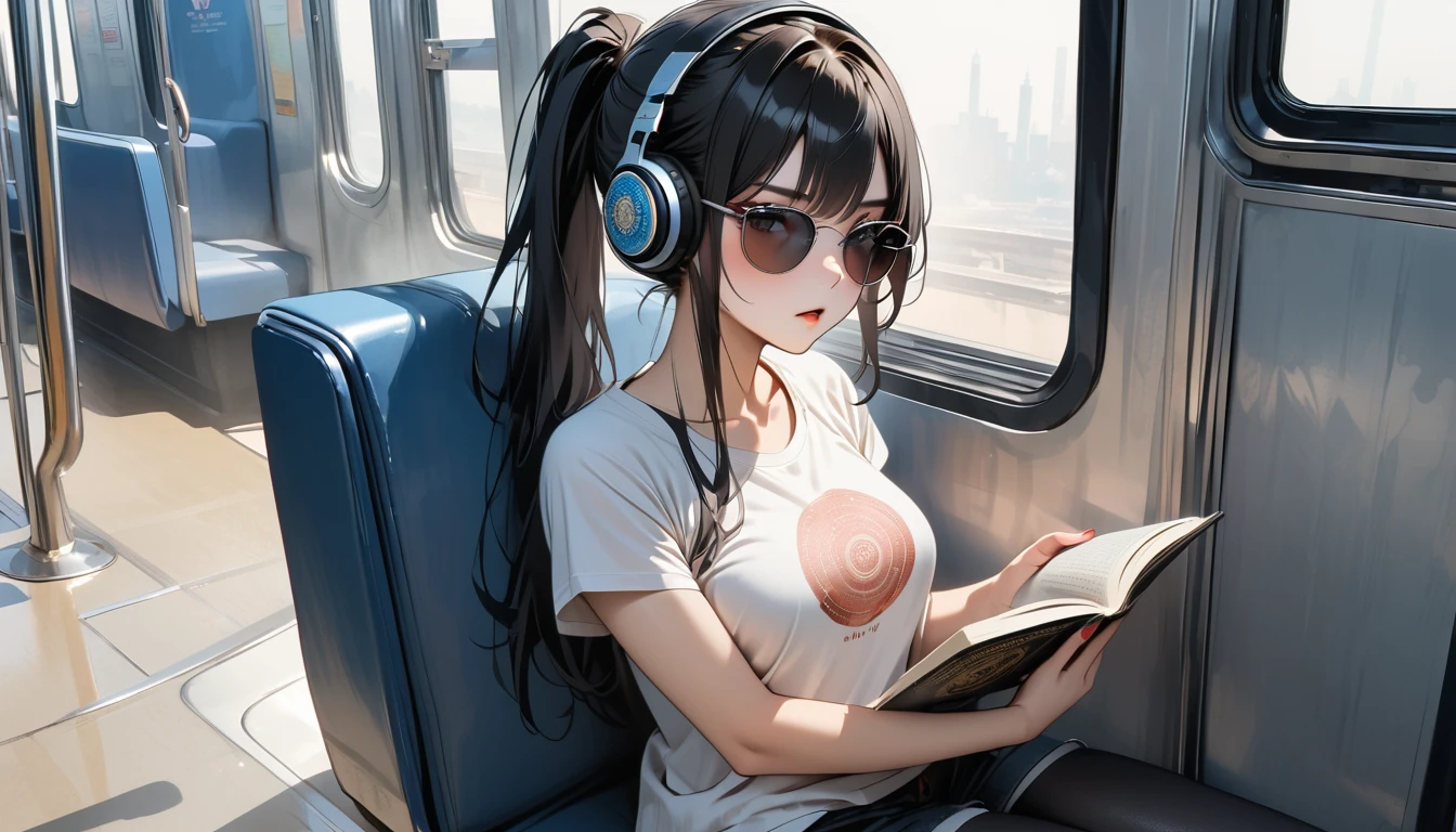 (((8K, Masterpiece, high resolution, highest quality, highest quality real texture skin))), ((wearing Japanese pattern headphones)), (((1 girl))), (((sit in a train seat))), (((I read a book))), (((Large windows))), ((sunglasses)), (Japanese pattern T-shirt, super mini shorts), (Black shiny hair, beige skin, ponytail)