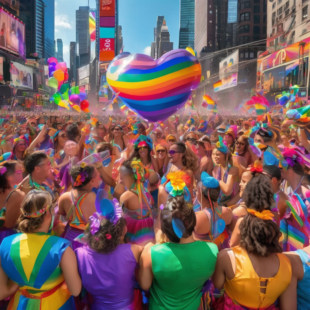 A hyper-realistic, ultra-detailed, ultra-HD vertical artwork of the Times Square Pride Parade. The scene is vibrant and full of life, capturing the essence of celebration and unity. The 3D perspective and illusions of depth and dimensionality draw the viewer into the bustling atmosphere. In the foreground, a diverse crowd of people, dressed in colorful outfits adorned with rainbow flags, face paint, and festive accessories, are cheering and dancing. The expressions on their faces are joyful and full of pride. Some hold signs with powerful messages of love and acceptance, while others wave flags and blow bubbles that catch the light. Behind them, the iconic skyscrapers of Times Square loom tall, their massive digital billboards displaying vibrant, supportive messages and animations celebrating the LGBTQ+ community. The bright lights and advertisements reflect off the windows of the surrounding buildings, adding to the kaleidoscope of colors. A float moves through the parade, decorated with a giant rainbow arch and festooned with flowers, balloons, and glittering streamers. Performers on the float, dressed in dazzling costumes, dance energetically to the rhythm of upbeat music, their movements fluid and dynamic. In the midground, a group of drummers and musicians adds a lively beat to the scene, their instruments adorned with rainbow-colored ribbons. The energy of their performance is palpable, with the crowd around them dancing and clapping in time with the music. The background features a clear blue sky, contrasting with the vivid colors of the parade. High above, the sun casts a warm glow over the entire scene, creating realistic shadows and highlights that enhance the three-dimensional effect. Details such as confetti floating through the air, the shimmer of sequins on costumes, and the reflections of light on the pavement add to the richness of the image. The overall composition is dynamic and layered, with every element contributing to the sense of depth and imm