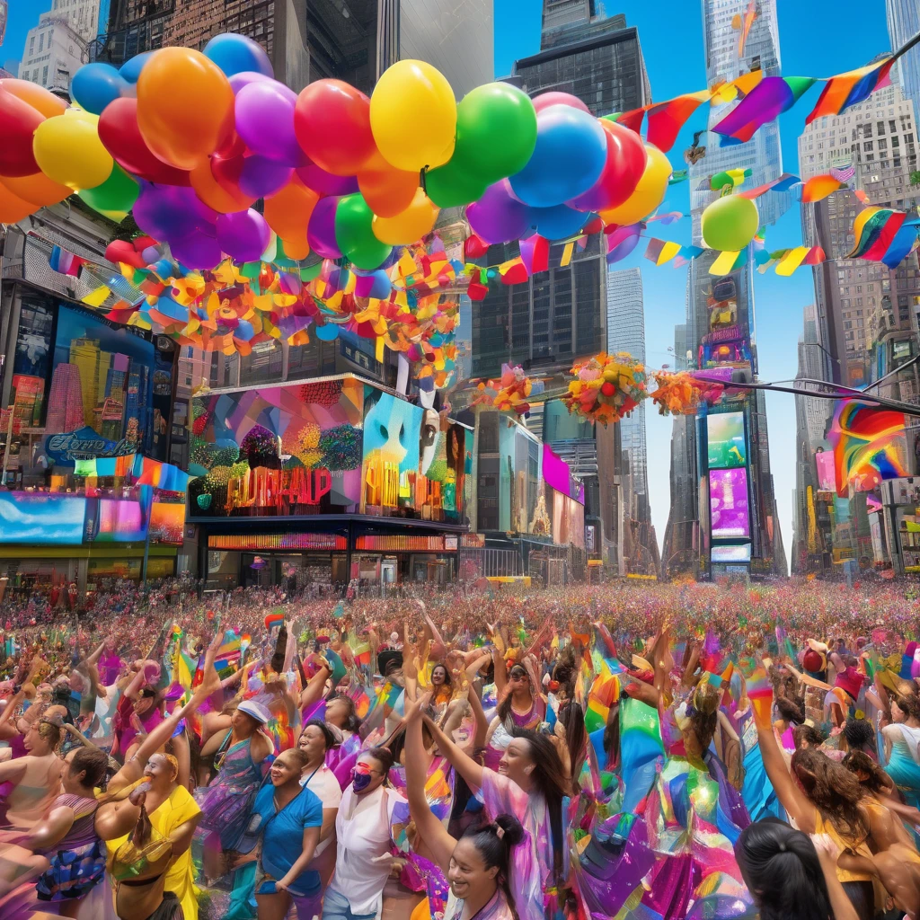 A hyper-realistic, ultra-detailed, ultra-HD vertical artwork of the Times Square Pride Parade. The scene is vibrant and full of life, capturing the essence of celebration and unity. The 3D perspective and illusions of depth and dimensionality draw the viewer into the bustling atmosphere. In the foreground, a diverse crowd of people, dressed in colorful outfits adorned with rainbow flags, face paint, and festive accessories, are cheering and dancing. The expressions on their faces are joyful and full of pride. Some hold signs with powerful messages of love and acceptance, while others wave flags and blow bubbles that catch the light. Behind them, the iconic skyscrapers of Times Square loom tall, their massive digital billboards displaying vibrant, supportive messages and animations celebrating the LGBTQ+ community. The bright lights and advertisements reflect off the windows of the surrounding buildings, adding to the kaleidoscope of colors. A float moves through the parade, decorated with a giant rainbow arch and festooned with flowers, balloons, and glittering streamers. Performers on the float, dressed in dazzling costumes, dance energetically to the rhythm of upbeat music, their movements fluid and dynamic. In the midground, a group of drummers and musicians adds a lively beat to the scene, their instruments adorned with rainbow-colored ribbons. The energy of their performance is palpable, with the crowd around them dancing and clapping in time with the music. The background features a clear blue sky, contrasting with the vivid colors of the parade. High above, the sun casts a warm glow over the entire scene, creating realistic shadows and highlights that enhance the three-dimensional effect. Details such as confetti floating through the air, the shimmer of sequins on costumes, and the reflections of light on the pavement add to the richness of the image. The overall composition is dynamic and layered, with every element contributing to the sense of depth and imm