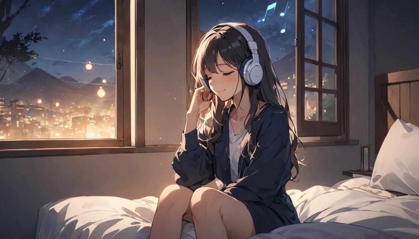 (Highest quality), 1 girl, Sitting in bed, listen to music, close your eyes, In front of the window, night, relax