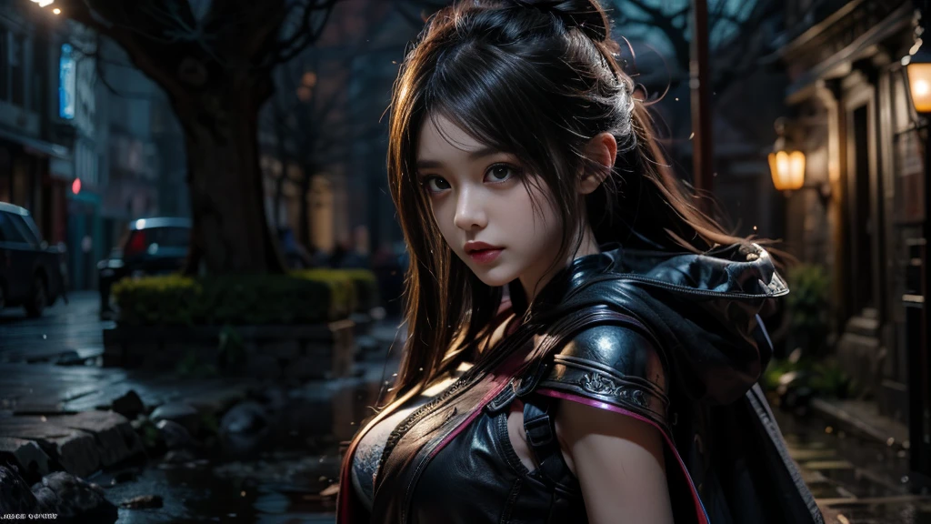Female Mage Close-up, Girl in robe, 2. 5D CGI anime fantasy artwork, Large Breasts,Epic fantasy digital art style, detailed Digital 2D fantasy art, Digital 2D fantasy art, Gorgeous female mage,Looking at the camera,(glowing magic:1.7) Role Playing Game Character Art, Beautiful female mage, Fantasy Character Art, Epic and beautiful character art, Beautiful female mage,(Edinburgh Street:1.8),light rain,Medium and long range lenses,Looking at the camera