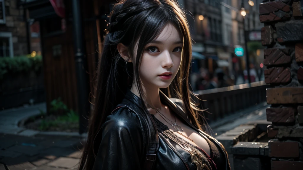 Female Mage Close-up, Girl in robe, 2. 5D CGI anime fantasy artwork, Large Breasts,Epic fantasy digital art style, detailed Digital 2D fantasy art, Digital 2D fantasy art, Gorgeous female mage,Looking at the camera,(glowing magic:1.7) Role Playing Game Character Art, Beautiful female mage, Fantasy Character Art, Epic and beautiful character art, Beautiful female mage,(Edinburgh Street:1.8),light rain,Medium and long range lenses,Looking at the camera