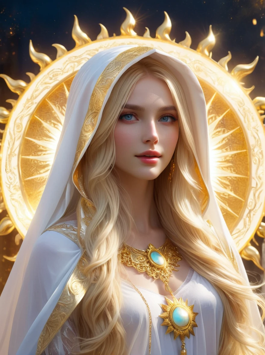 A super beautiful sun goddess，Long blond hair，Wearing a white and gold hood，Wearing a veil decorated with gold