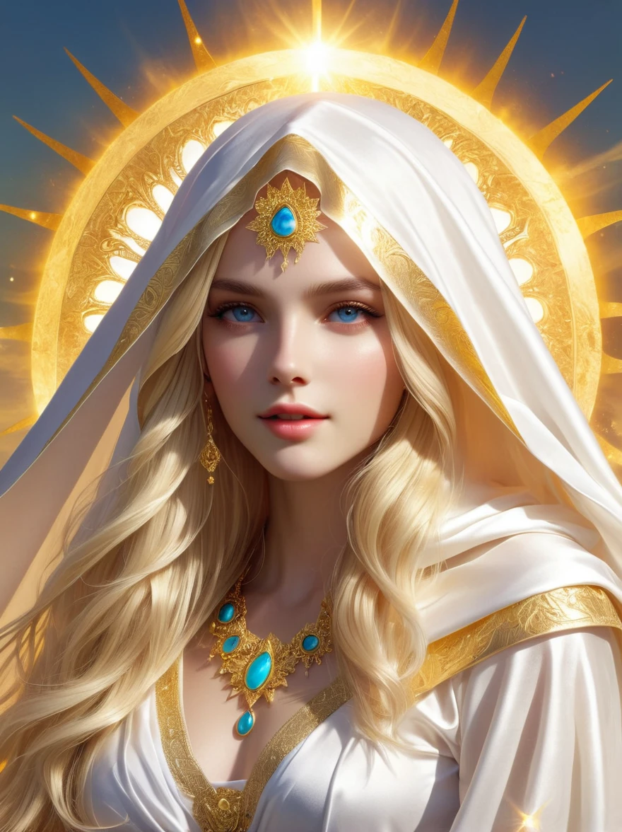A super beautiful sun goddess,Long blond hair,Wearing a white and gold hood,Wearing a veil decorated with gold