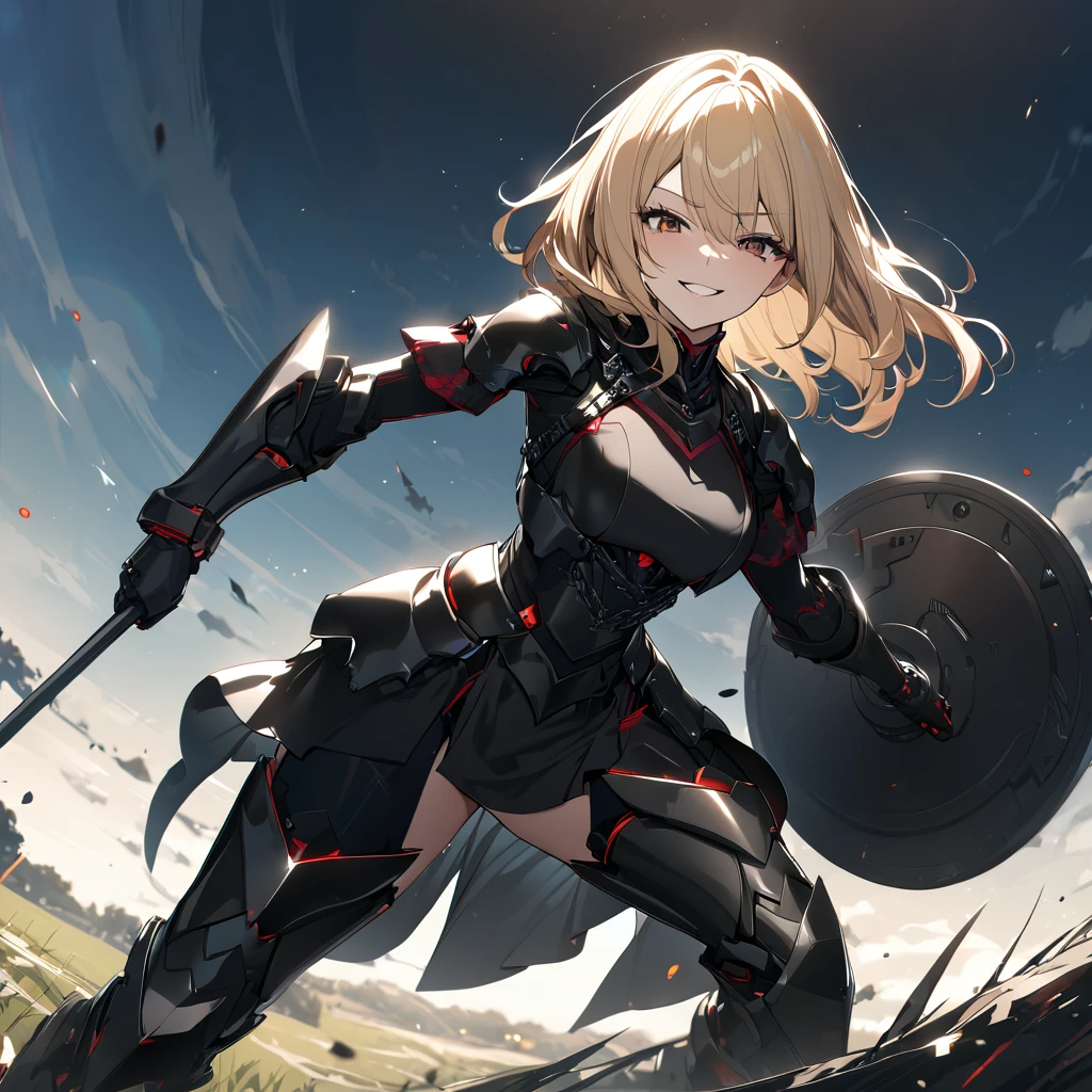 A woman in her 20s, wearing heavy black armor, black metal bracelet, black metal boots, with red details on the armor, short shoulder-length blonde hair, red bangs, smiles, multicolored hair, brown eyes, sadistic smile, face of psychopath, evil face, holding a black metal shield, and a black metal sword, in a combat stance, in an open field, UHD , work- prime, precise, anatomically correct, textured skin, super details, high quality, best quality, 8k, high resolution, bokeh effect. (woman solo )
