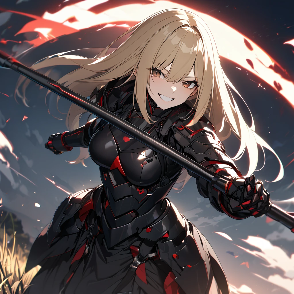 A woman in her 20s, wearing heavy black armor, black metal bracelet, black metal boots, with red details on the armor, short shoulder-length blonde hair, red bangs, smiles, multicolored hair, brown eyes, sadistic smile, face of psychopath, evil face, holding a black metal shield, and a black metal sword, in a combat stance, in an open field, UHD , work- prime, precise, anatomically correct, textured skin, super details, high quality, best quality, 8k, high resolution, bokeh effect. (woman solo )
