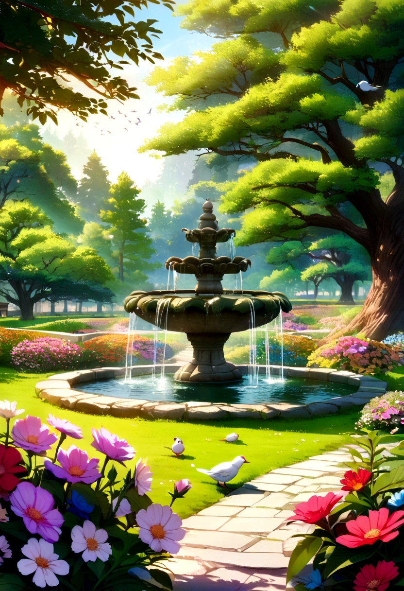 Picturesque green field with trees on the sides , adorned with colorful and vibrant flowers. with a zen garden and a fountain and a huge oak tree and little birds