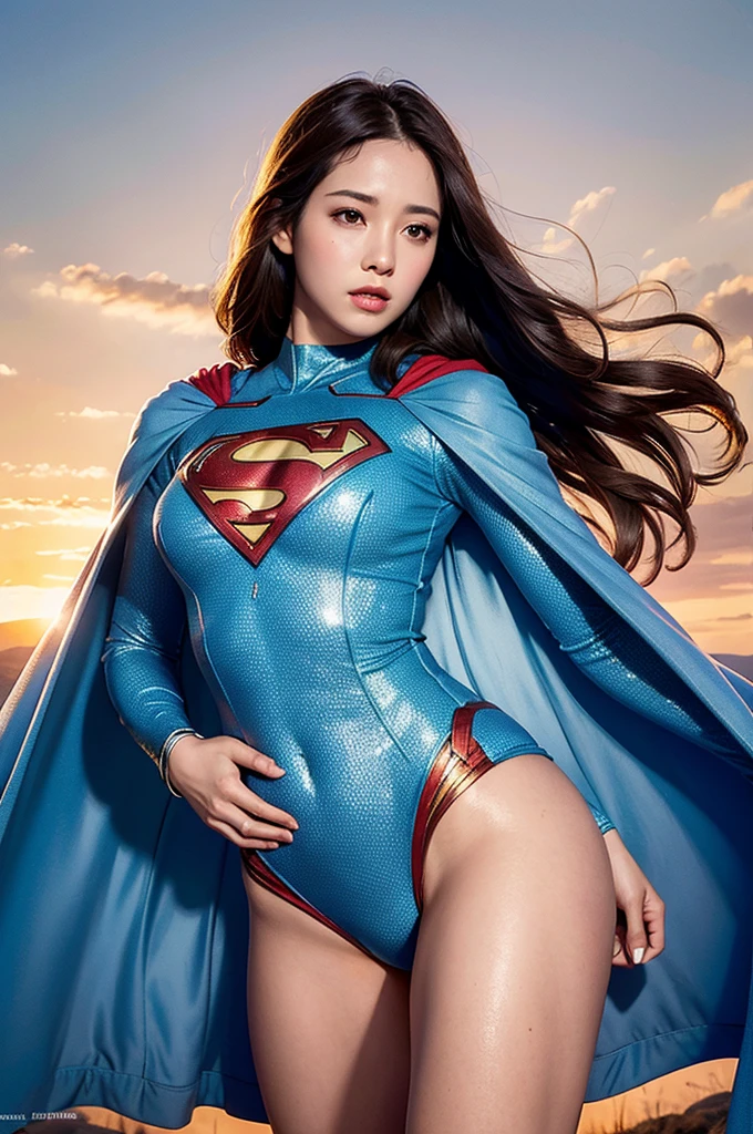 Realistic, High resolution, Soft Light,1 Female, alone, Hip Up, (Detailed face), jewelry, Superman's Clothes, Bodysuits, Cape