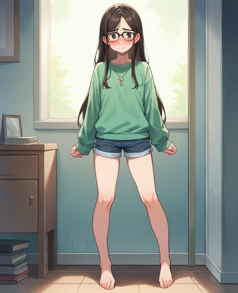 1girl with long hair and dress, 1 girl is taking to lavatory, long sleeves, black glasses, barefoot, looking at viewer, legs spread out, standing, embarrassed, shorts, blush, Keep one's mouth shut, inside house (girl is peeing self:0.75), standing up, covering crotch with two hands