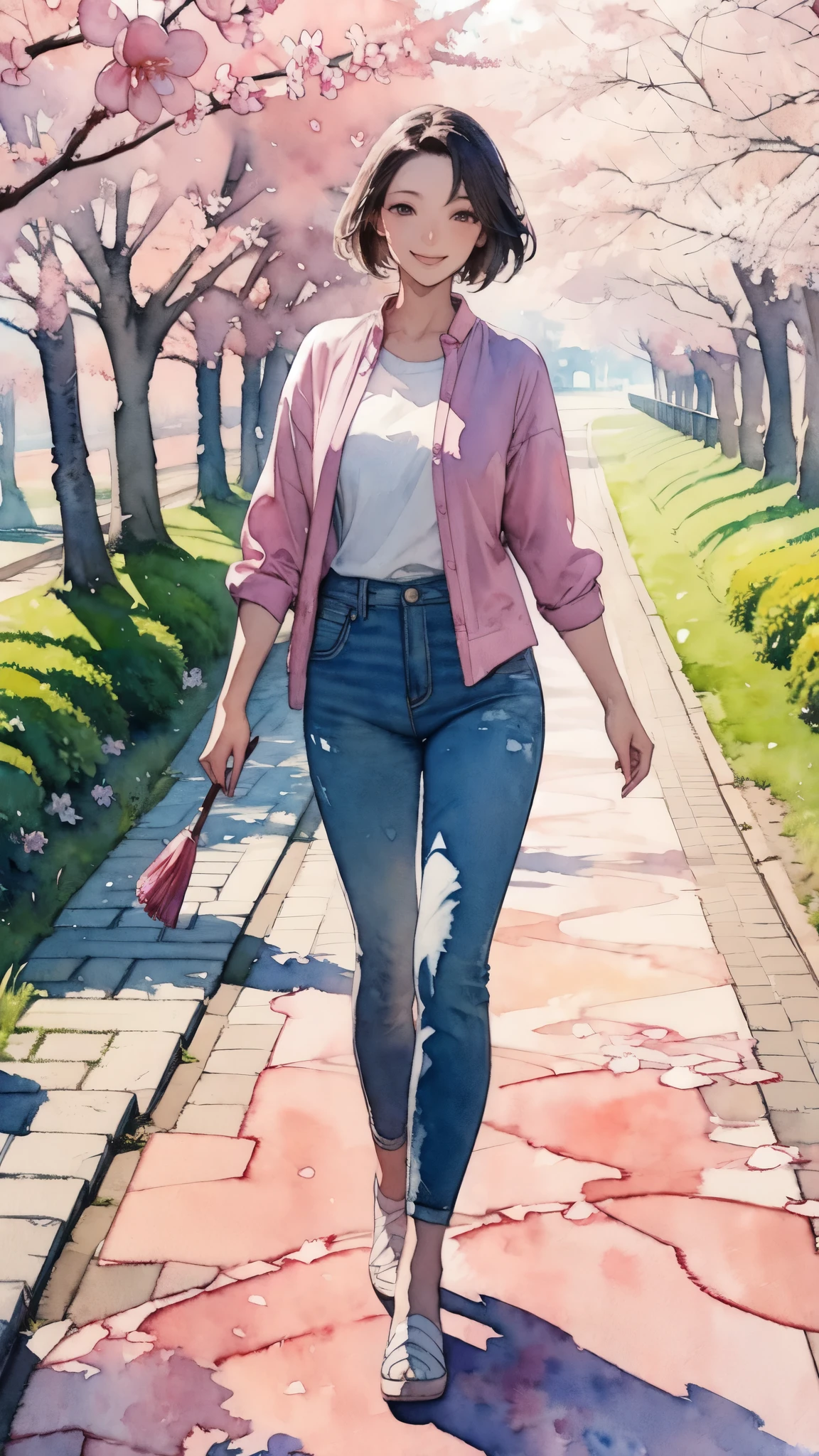 (masterpiece),(Highest quality:1.2),(Very detailed:1.2),(High resolution),(((watercolor))),8K,A woman walking along a cherry blossom-lined street,Beautiful cherry blossoms bloom all around,透明watercolor,(smile)