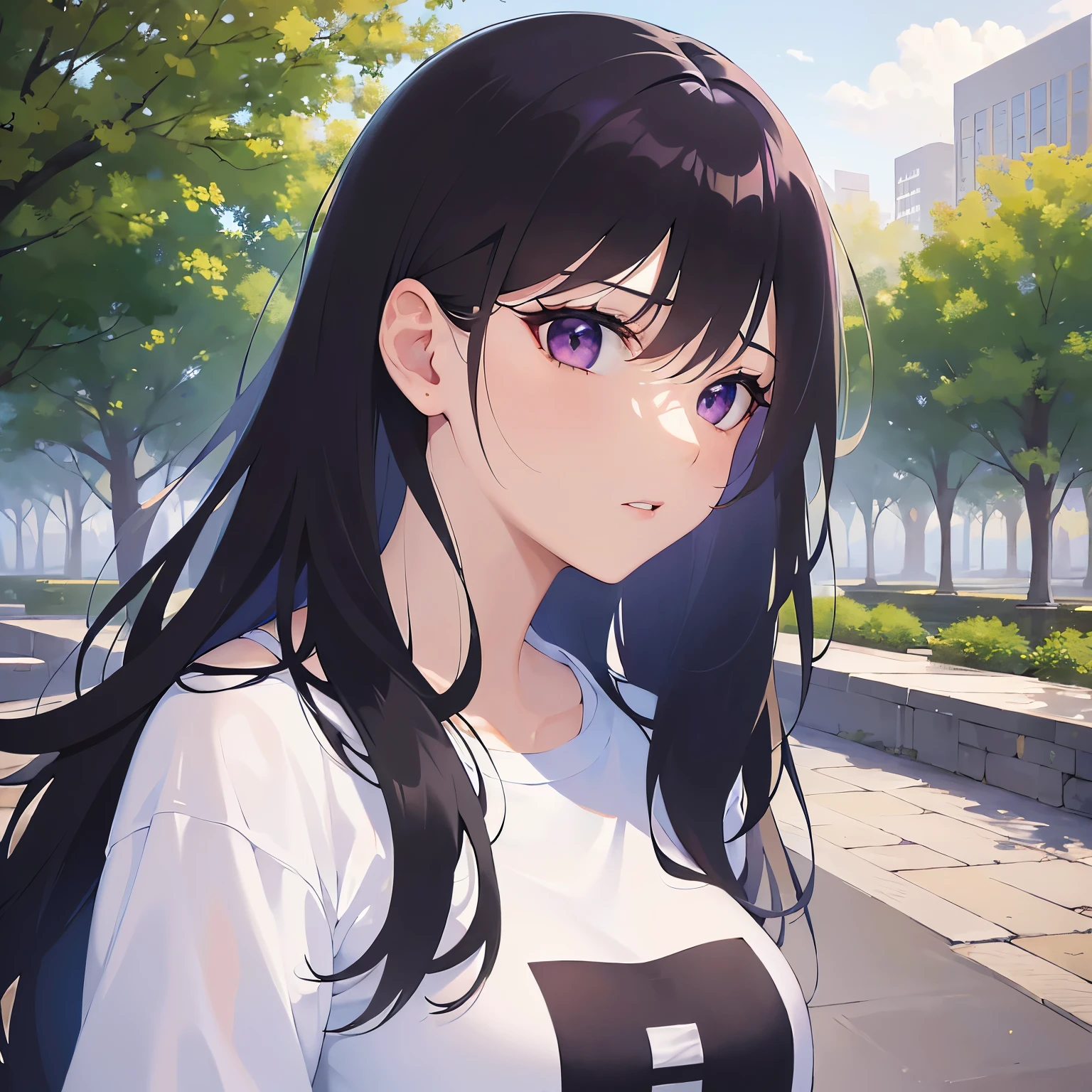 Detailed CG, Ultra-fine illustrations,masterpiece,highest quality, AW Photos,(Pale skin:1.2),Shiny skin Shiny Hair,(A 26-year-old woman with straight hair and bangs)and(Medium Hair)and(Black Hair)and(Purple eyes),BREAK(white) and (T-Shirts)and(long sleeve)BREAK,(angry:1.3),The background is a park,alone,profile,look down,alone