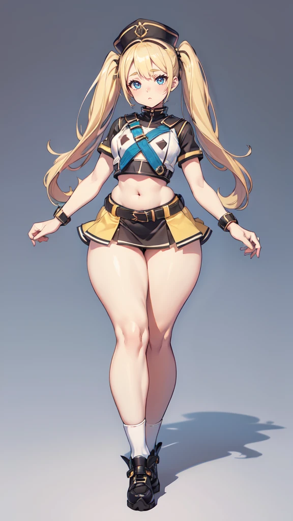 blank background, (((full body))), (masterpiece), ((best quality)), (very short girl), flat chest, short twintail, (wide hips:1.4), (thick thighs:1.5), (very short skirt), toeless footwear, belt below navel, fanny packs, blonde