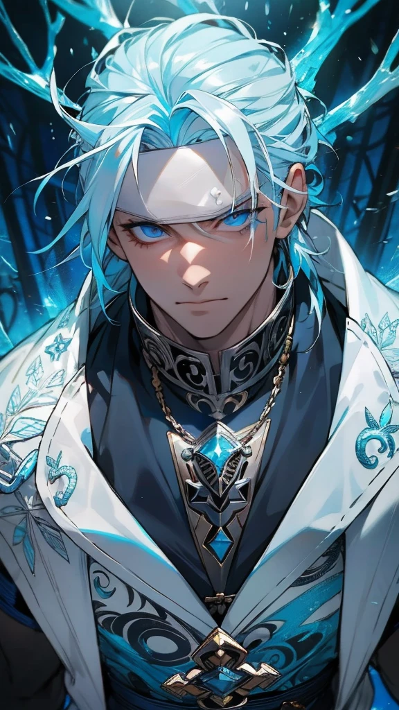 naughty man;
brawny;
ice prince;
Wear a white blindfold over your left eye;
There's a white stick in your hand;
White hair with blue;
blue eye;
Wear sleeveless clothing;
Cabelos longos
A venda tampa o olho esquerdo.