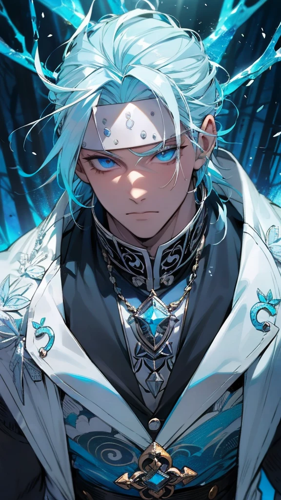 naughty man;
brawny;
ice prince;
Wear a white blindfold over your left eye;
There's a white stick in your hand;
White hair with blue;
blue eye;
Wear sleeveless clothing;
Cabelos longos
A venda tampa o olho esquerdo.