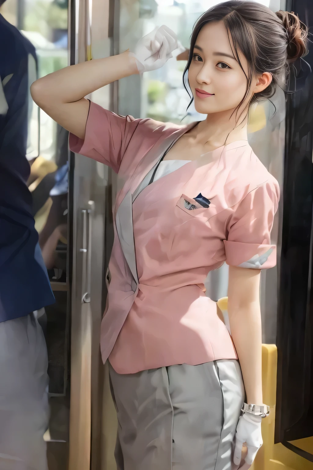 (masterpiece:1.2, Highest quality:1.2), 32k HDR, High resolution, (alone、1 girl)、 (Height: 160cm)、(On the rooftop of a building in the daytime、Professional Lighting)、Building rooftop background、(Nankai train crew uniform pinkを着たリアルスタイル)、(Nankai train crew uniform pink short sleeve collarless pink jacket、Nankai Train Crew Uniform Pink Collarless Short Sleeve Blouse、Nankai Train Crew Uniform Pink Grey Knee-length Culottes)、(The pink jacket is showing from the culottes.)、Dark brown hair、(Hair tied up、Hair tied up、Evening curly hairstyle)、Dark brown hair、Long Shot、Big Breasts、Thin legs、((Great hands:2.0)),((Harmonious body proportions:1.5)),((Normal limbs:2.0)),((Normal finger:2.0)),((Delicate eyes:2.0)),((Normal eyes:2.0)))、smile、(Nankai Train Crew Uniform Pink Grey Knee-length Culottesを見せた美しい歩く姿)、Place your hands around your stomach、Lanyard employee ID card
