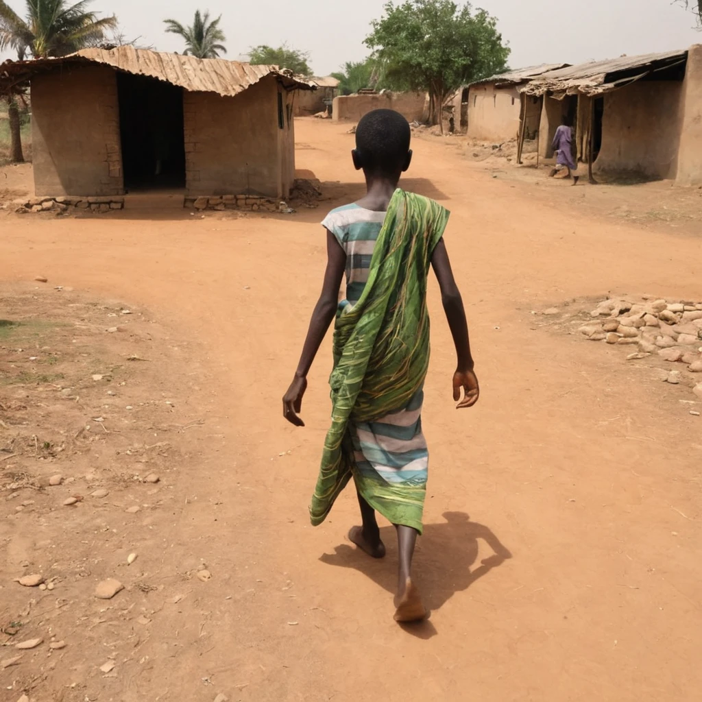 A malnourished Macraba woman walking towards a boy in her bed